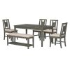 TREXM 6-piece Retro Dining Set, Minimalist Dining Table and 4 upholstered chairs & 1 bench with a shelf for Dining Room(Dark Gray)